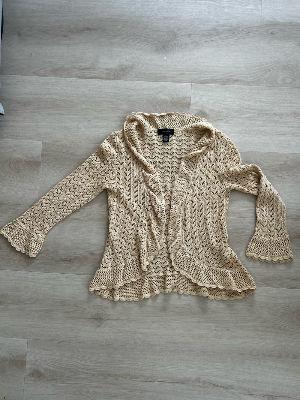 Open-Front Pointelle Crochet Cardigan Sweater - Cream